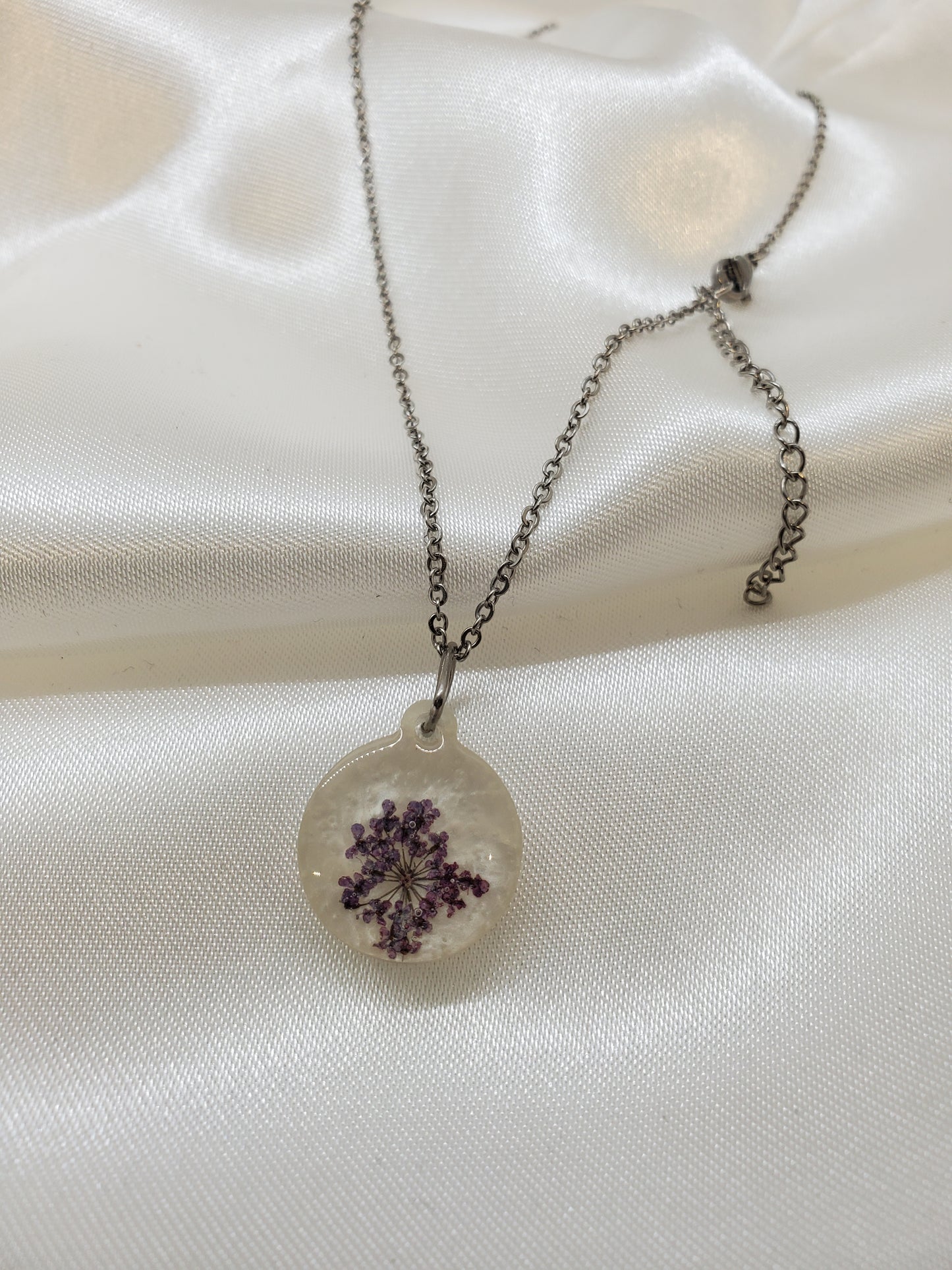 Purple Queen Anne's Lace Necklace in Epoxy Resin