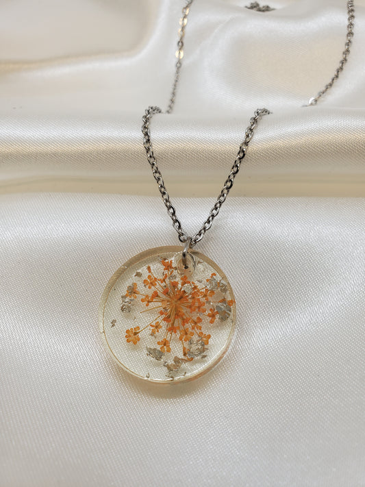 Orange Queen Anne's Lace Necklace in Resin Epoxy