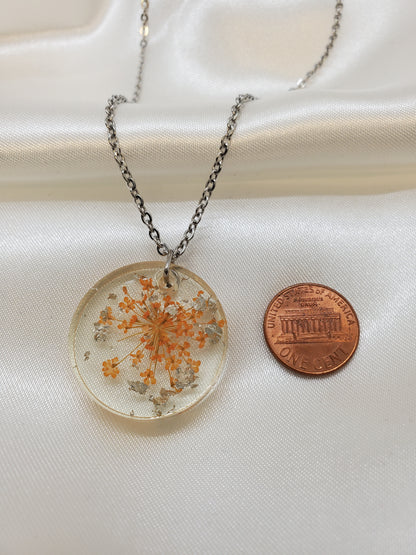 Orange Queen Anne's Lace Necklace in Resin Epoxy