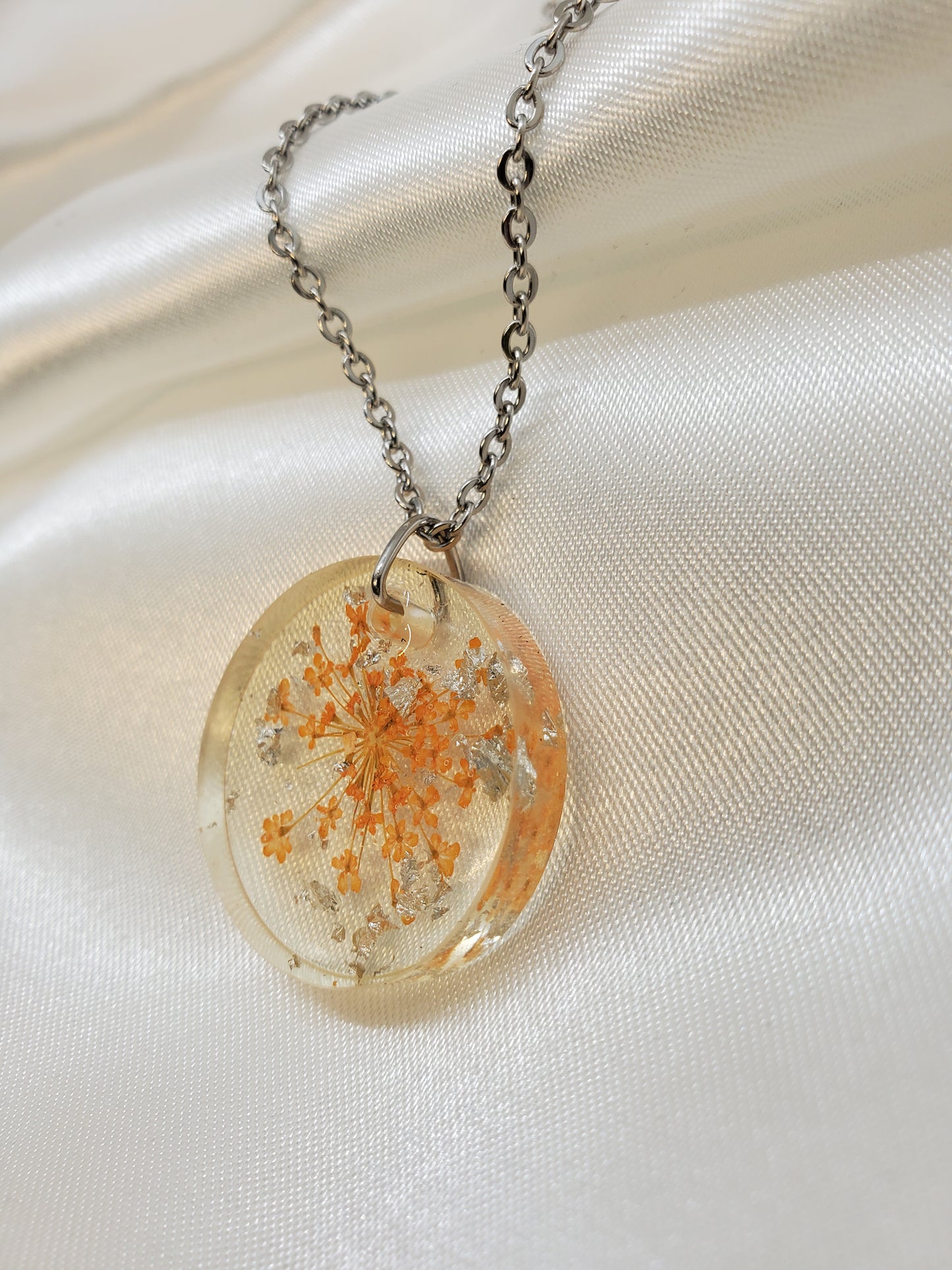 Orange Queen Anne's Lace Necklace in Resin Epoxy