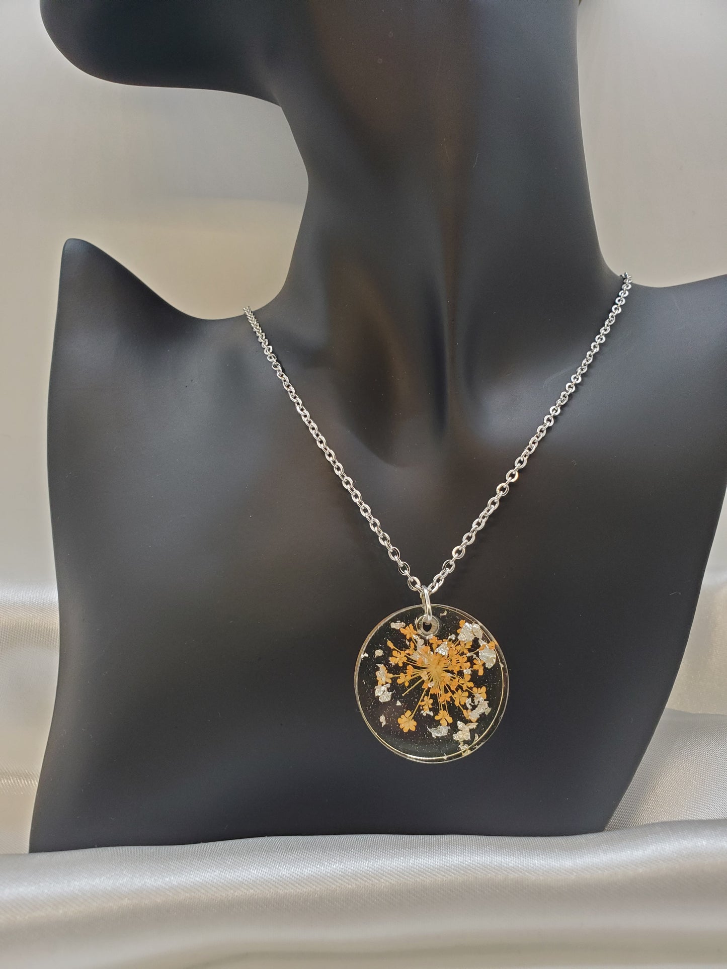 Orange Queen Anne's Lace Necklace in Resin Epoxy