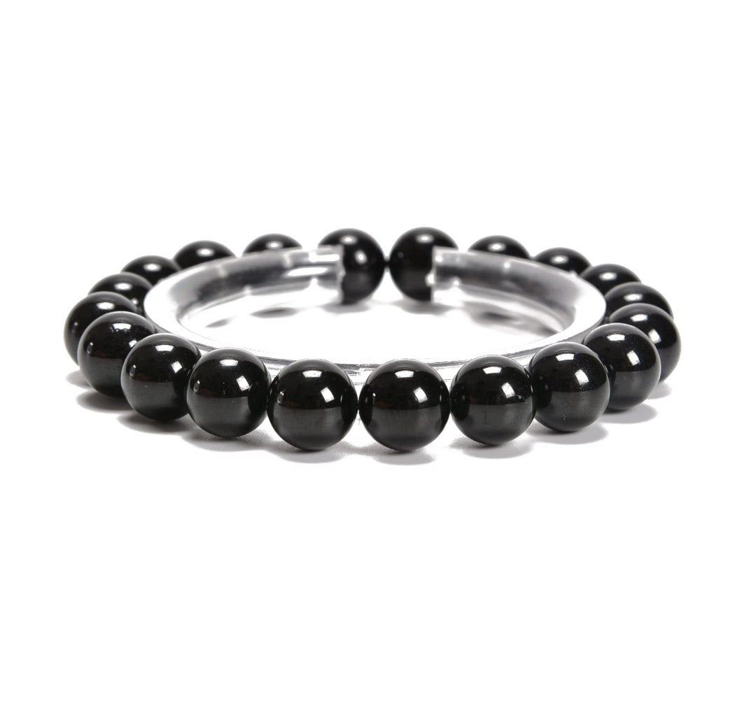 Natural Black Tourmaline Smooth Round Beaded Bracelet